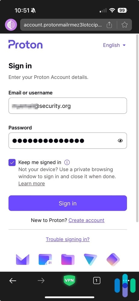 Connected to Surfshark VPN and Logging onto our Proton Mail account using the TorWeb App